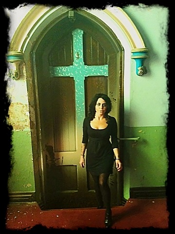 Female model photo shoot of Doll Vicious in 1800's church in Newport, Ky