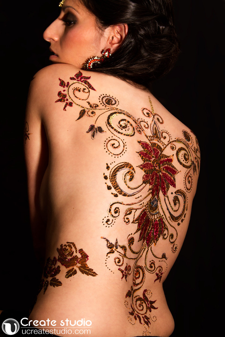 Female model photo shoot of Joanna Cruz MUA in Toronto, Ontario, body painted by Henna Rung by Asha
