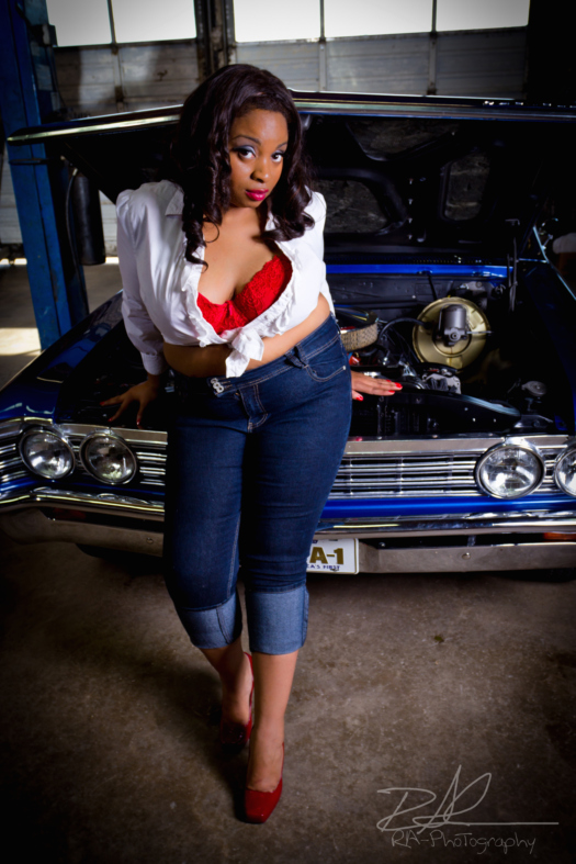 Female model photo shoot of AM Rose by RichardAtwood in Bernard's Auto Service and Sales, Norman Oklahoma