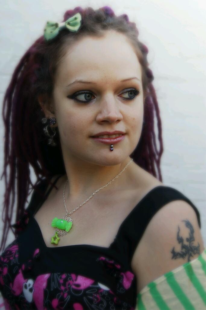 Female model photo shoot of BeckyKat in http://www.etsy.com/listing/86735818/kawaii-cute-green-glitter-sweet-with?ref=cat_gallery_6