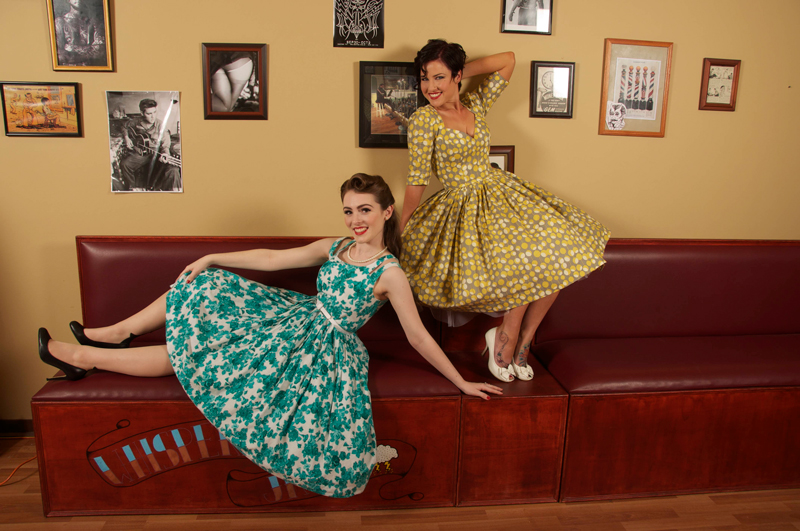 Female model photo shoot of Fifties Frocks, Rhannon Howbrigg and Polly Polka-Dot