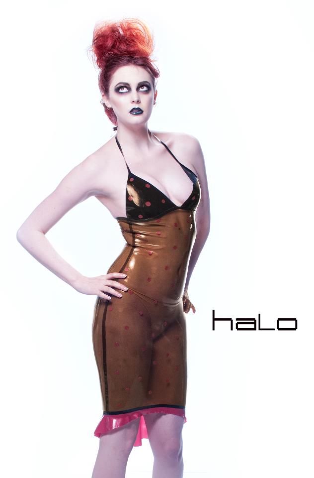Female model photo shoot of Ich Trage Brille by Halo Image Engine, clothing designed by Dollskin Designs Latex