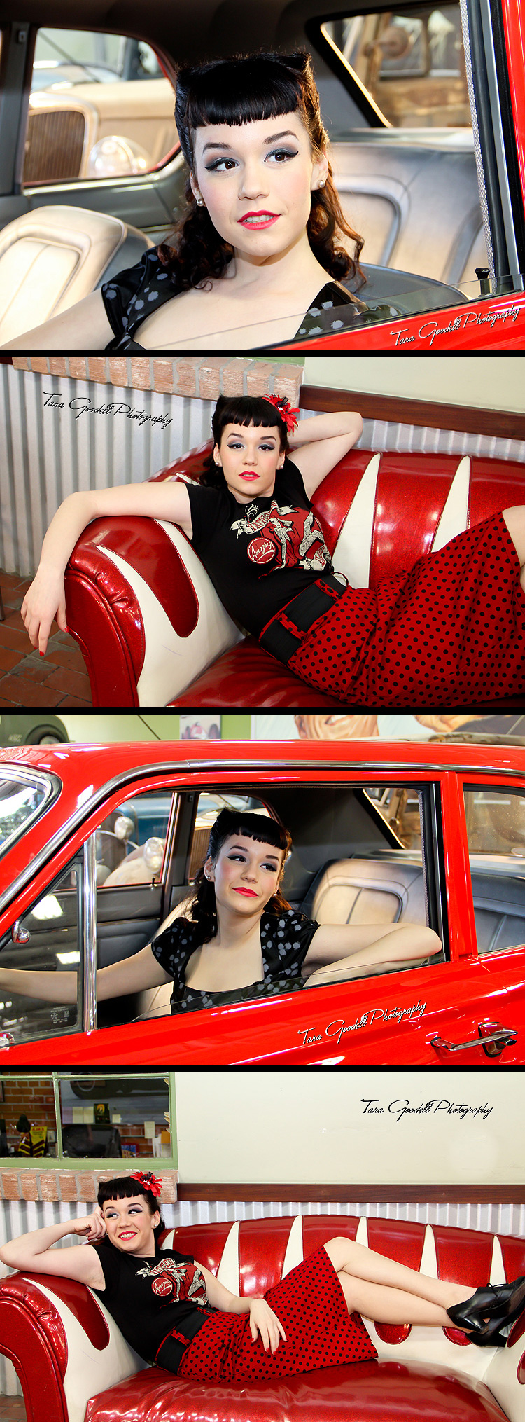 Female model photo shoot of Tara Goodell and Renee Domonique  in Hi Speed Rods & Customs, wardrobe styled by Razorz Edge
