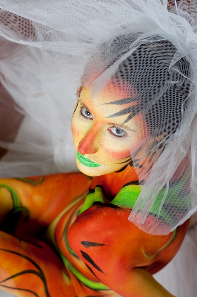 Female model photo shoot of Berlynn Night by In Camera Photography in Toronto, Ontario, body painted by Malibu Bob