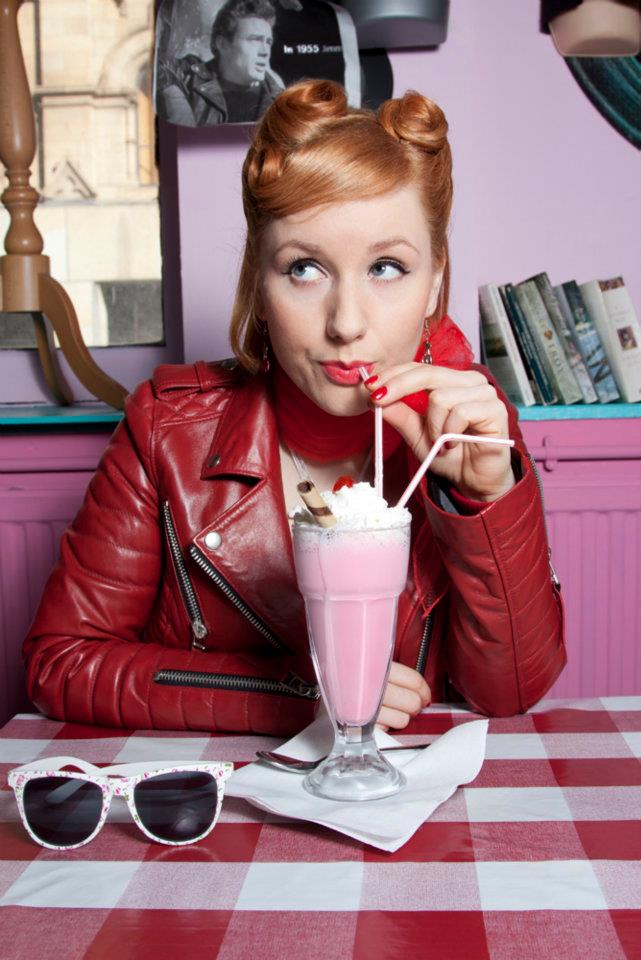 Female model photo shoot of EwaBaberska by HelenHughes in Pinkies Diner Manchester