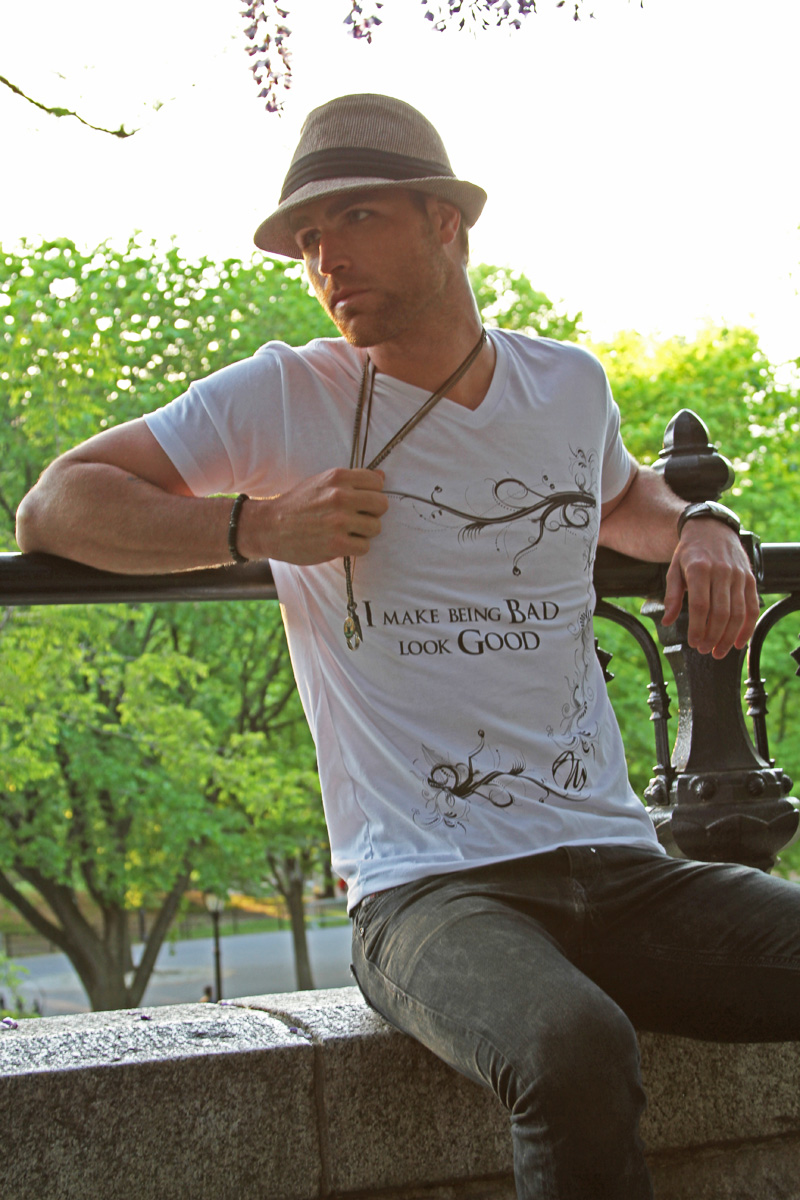 Male model photo shoot of Edward Romero Photo and Clay Van Geffen in Central Park NYC, clothing designed by AMCONYC