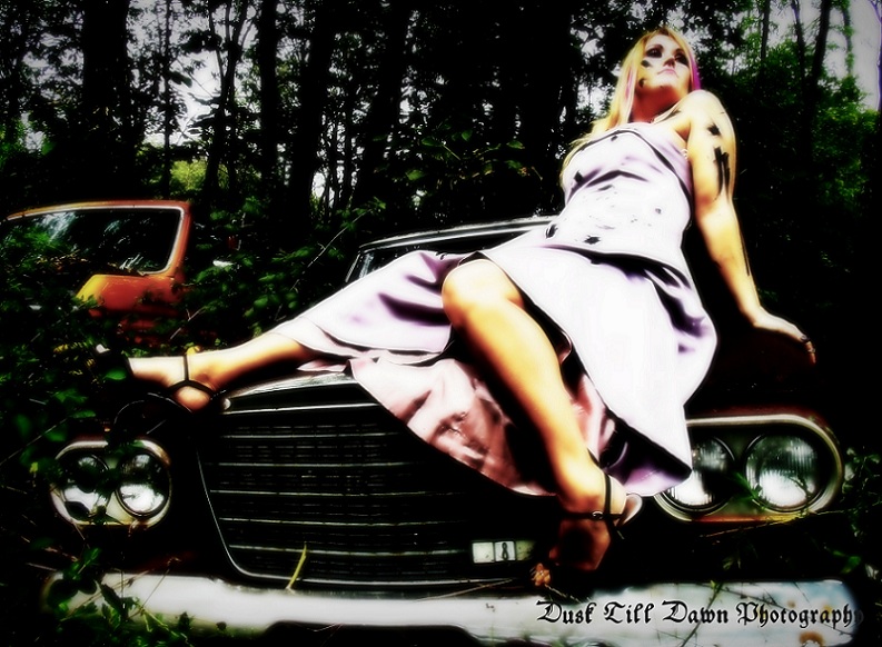 Female model photo shoot of Dusk Till Dawn  in Spook Hollow Junk Yard