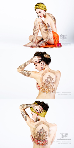 Female model photo shoot of Henna Rung by Asha and Daniela M by EVAN KUMAR in toronto, makeup by Chantal Walton, body painted by Henna Rung by Asha