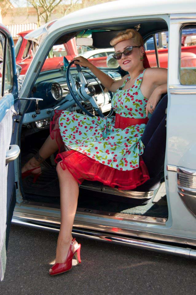 Female model photo shoot of Maiden America by Shoeless Noe in Car show Phoenix AZ