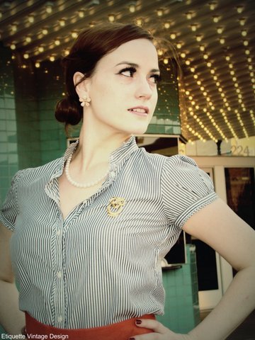 Female model photo shoot of Megan Dwinell, clothing designed by Etiquette Vintage Desig