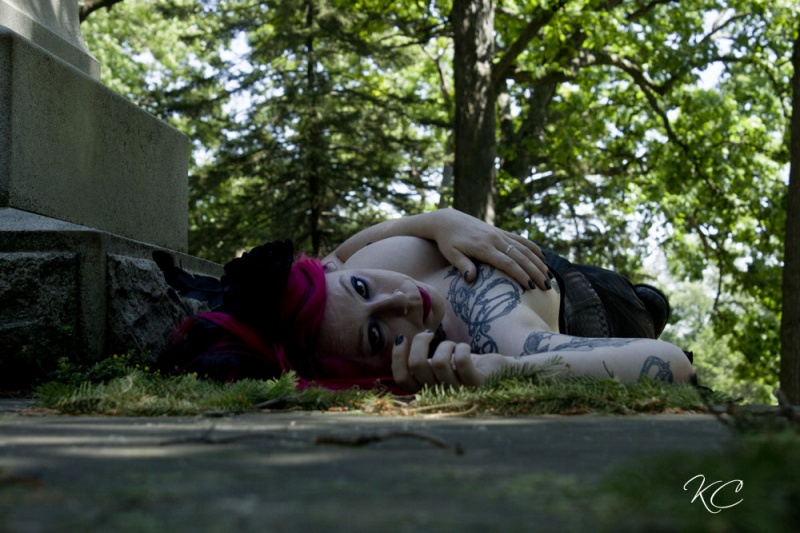 Male and Female model photo shoot of Kieran Collins and KittiQualms in Oak Hill Cemetery, Pontiac, Michigan