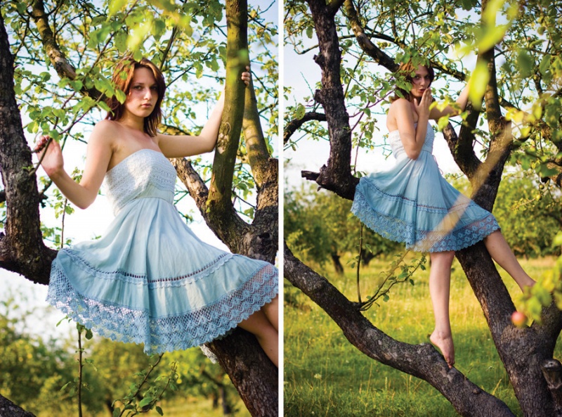 Female model photo shoot of  Cappuccinska in Ukrainian apple trees garden