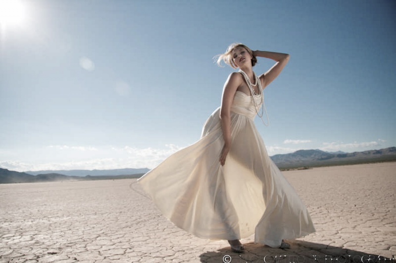 Female model photo shoot of Valeriya Sergeeva in Dry lake bad NV, makeup by Tanya Ferreira