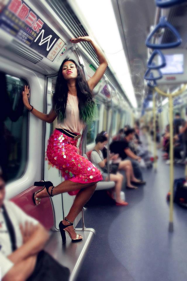 Female model photo shoot of TJ September in Hong Kong KCR, clothing designed by Matryoshka Wadhwani