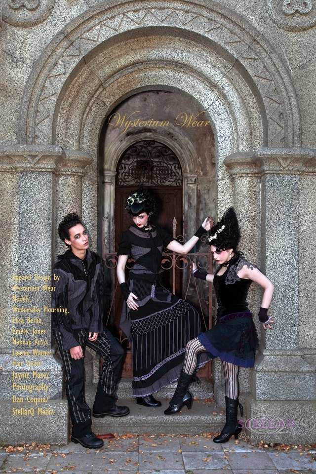 Female and Male model photo shoot of Wysterium Wear, Wednesday Mourning, Elisa Ambrose Berlin and Emeric Bernard-Jones in crypts