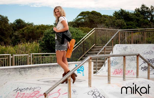 Female model photo shoot of Mikat Accessories in Maroubra Beach NSW