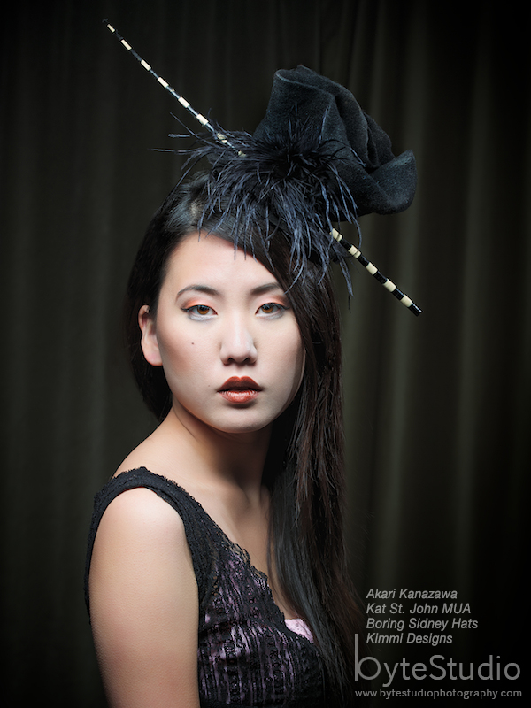 Female model photo shoot of Akari Kanazawa by ByteStudio, makeup by Kat St John, clothing designed by Kimmi Designs8 and Boring Sidney Hats