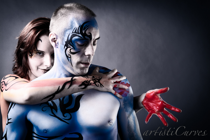 Male and Female model photo shoot of RWD and Evie Evangelion by ArtistiCurves  in Guelph, Ontario, body painted by Skin Detailz