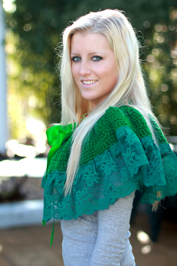 Female model photo shoot of Mademoiselle Mermaid in https://www.etsy.com/listing/119356962/green-gables-capelet-emerlad-with-lace