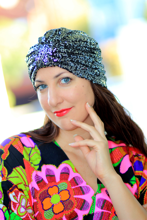 Female model photo shoot of Mademoiselle Mermaid in https://www.etsy.com/listing/113622282/fashion-turban-silver-and-black-sequins