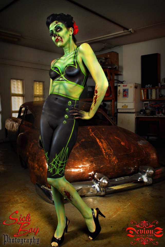 Female model photo shoot of Christa Knox by Sick Boy Photography, body painted by Devious Body Art