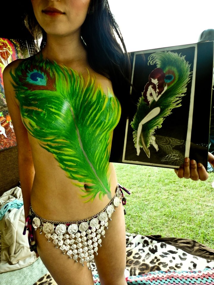 Female model photo shoot of Velvastein body paint in Irvine lake ca "eclectic roots festival"