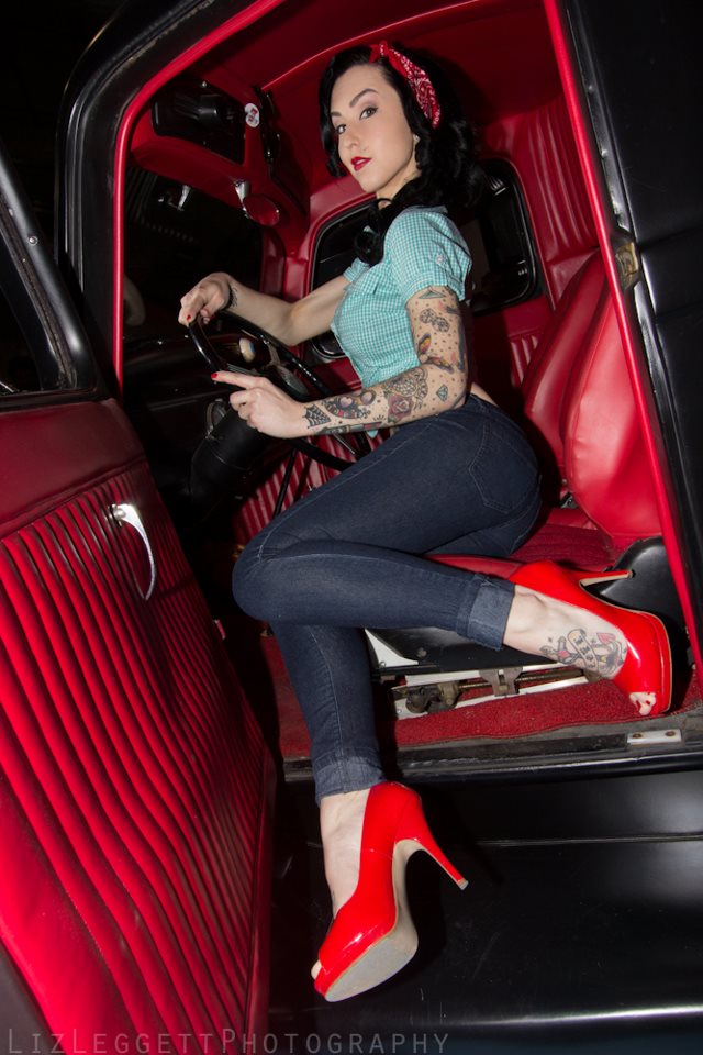 Female model photo shoot of Liz Leggett Papp and HellCath in 2013 Laval Bike and Tattoo Show