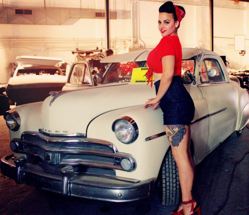 Female model photo shoot of Miss Darla Deville in Rockabilly Ricks Hot Rod Shop