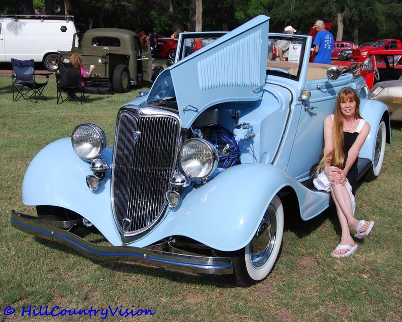 Male and Female model photo shoot of Hill Country Vision and Debie Swallow in Brownwood Car Show, '34 Ford Cabriolet/owner Rita Kincheloe