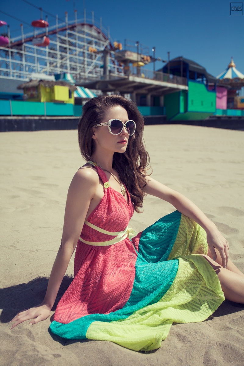 Female model photo shoot of Heather Werner by MVK Photo in Santa Cruz Boardwalk, clothing designed by Love Baggage 