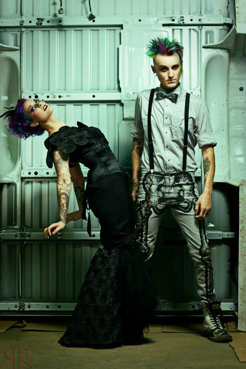 Female and Male model photo shoot of Suzi Rubbish and Austin Valentine by RedrumCollaboration, makeup by The Vanity, clothing designed by Jupiter Moon 3, Crypt Keeper Creations and Mikailee Alton