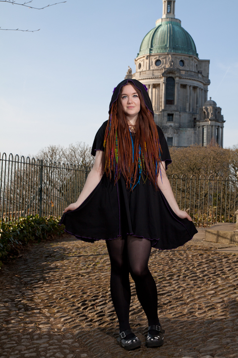 Female model photo shoot of Purple Elf Queen in Williamson Park, Lancaster, clothing designed by Twisted Pixie Clothing