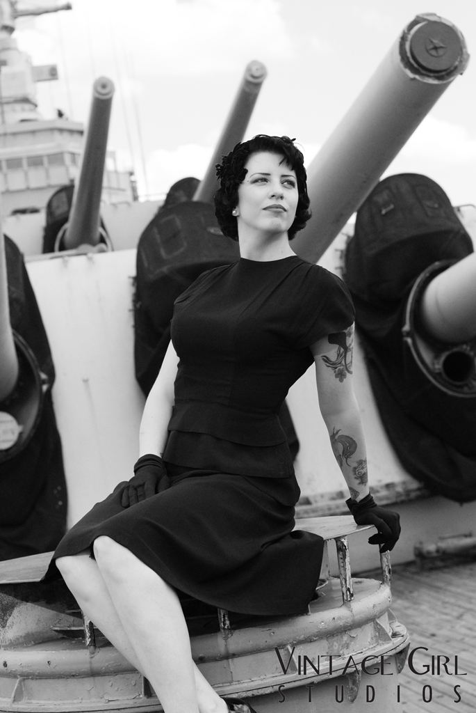 Female model photo shoot of Mighty Mo in USS Massachusetts