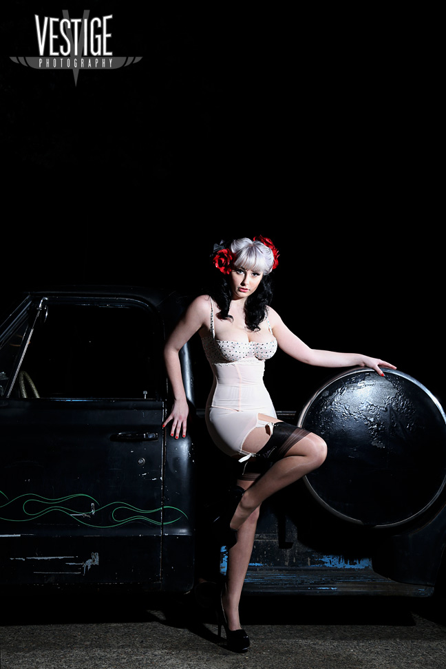 Female model photo shoot of Lilith Von Dahlia in Lucky's Speed Shop Sydney