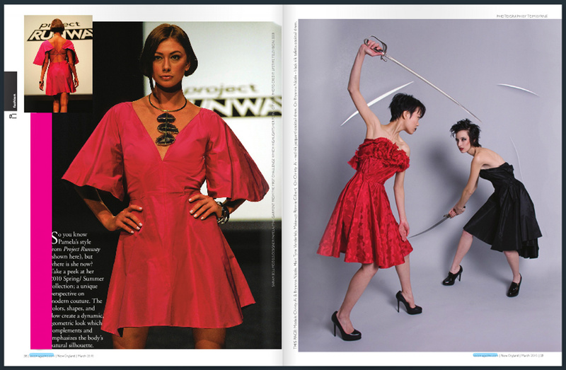 Female model photo shoot of Pamela Ptak by Tom Byrne Photographer in Left: Project Runway; Right: Tom Byrne studios