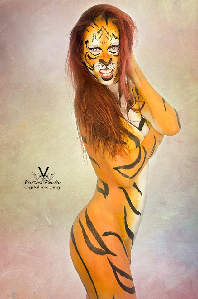 Female model photo shoot of Krystal Tiger by Victoria Pavlov  , body painted by Dragonfly N Snail