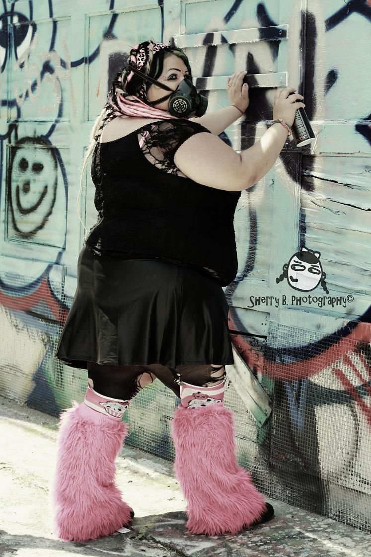 Female model photo shoot of Chrissie Graves in Graffiti warehouse