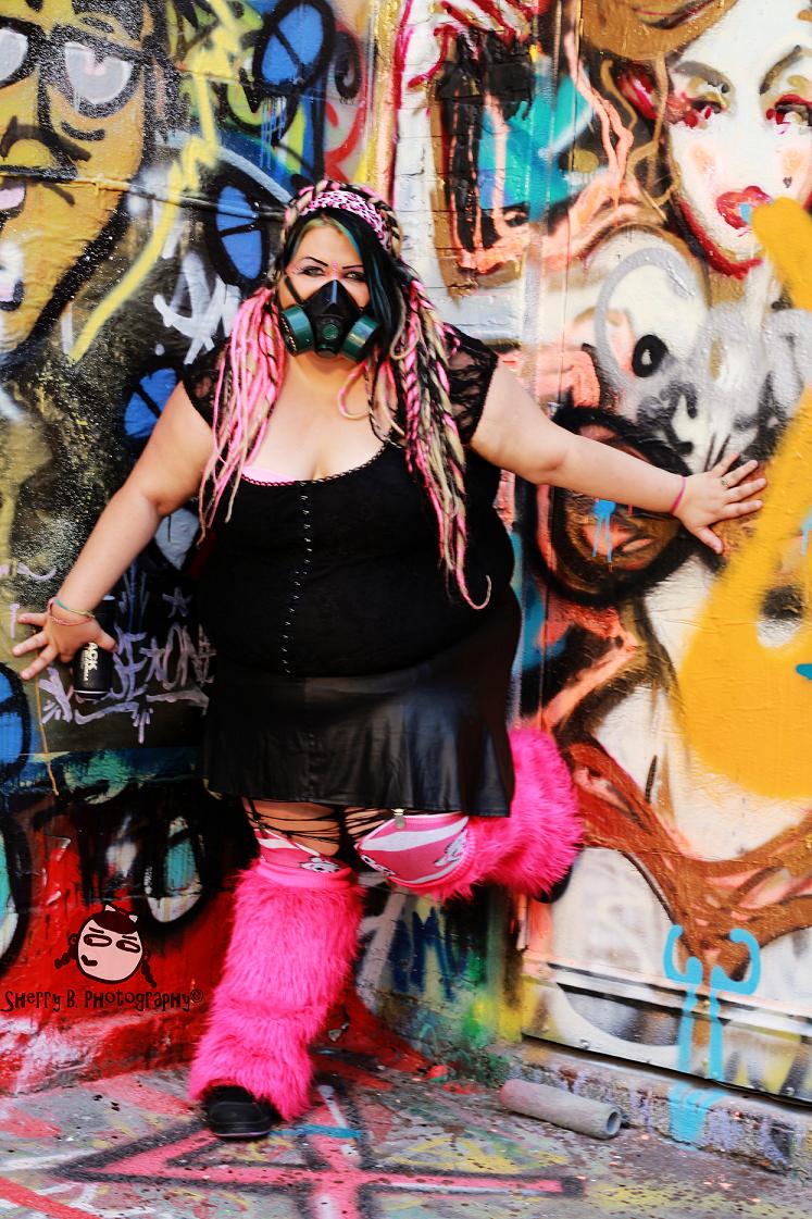 Female model photo shoot of Chrissie Graves in Graffiti warehouse