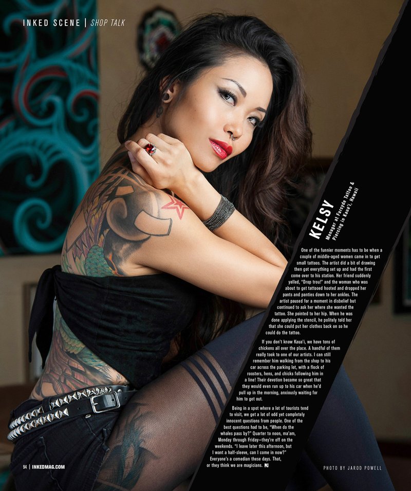 Female model photo shoot of K Di by Jarod Powell in Farsyde Tattoo, Kaua'i, Hawai'i