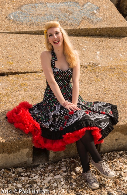Female model photo shoot of Isabelle LAmour in Hayling Island, clothing designed by hellbunny