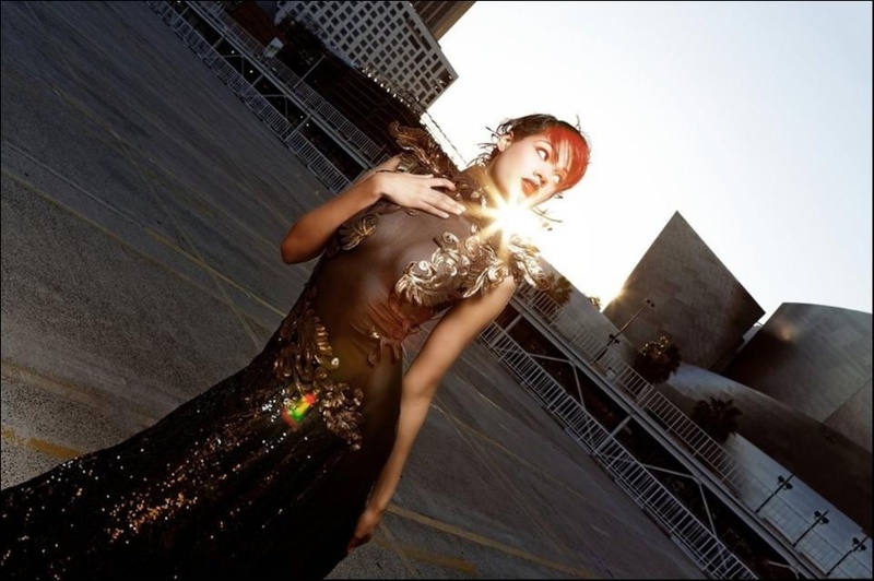 Female model photo shoot of Kit LeNoir in walt disney concert hall