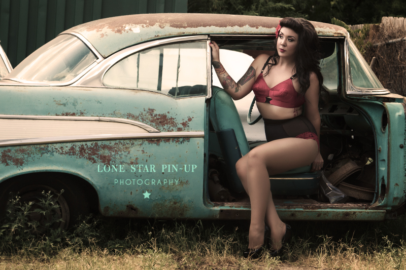 Female model photo shoot of Lone Star Pin-up in Austin, TX, makeup by Blood and Glitter 