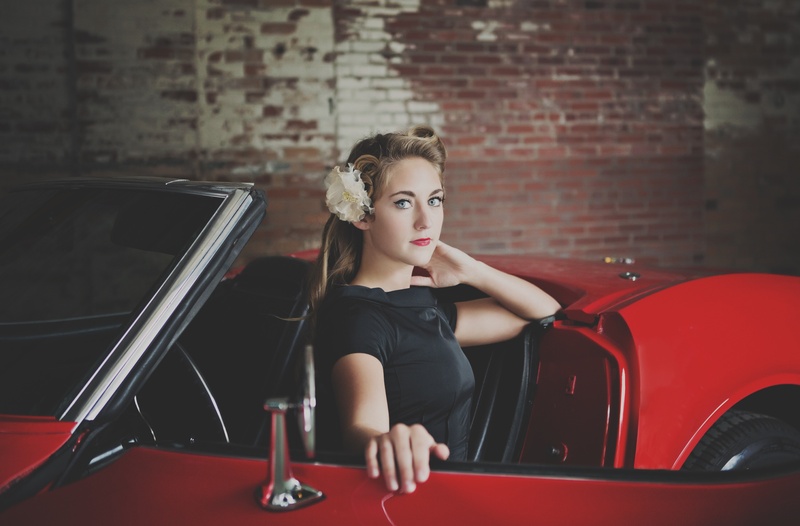 Female model photo shoot of K_Lee in Fantomworks Classic and Antique Car Restoration in Norfolk, VA