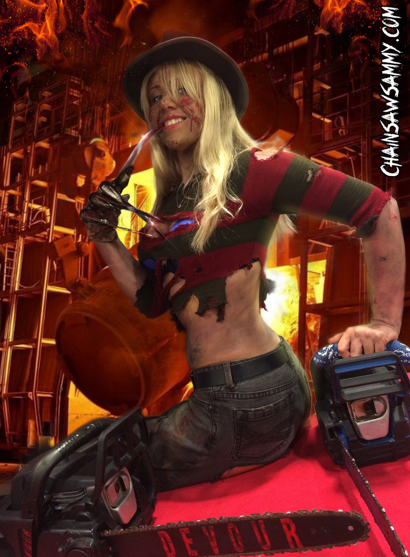 Female model photo shoot of chainsaw in http://www.chainsawsammy.com