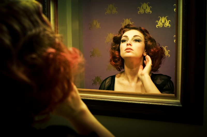 Female model photo shoot of Vala Va Voom in Emerson Salon Bathroom