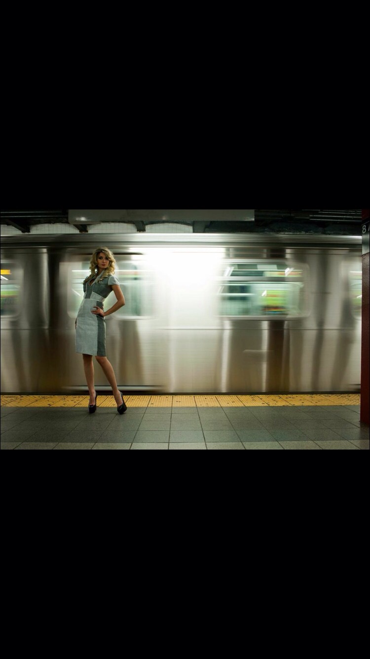 Female model photo shoot of Kseniya Bistrova in NYC subway