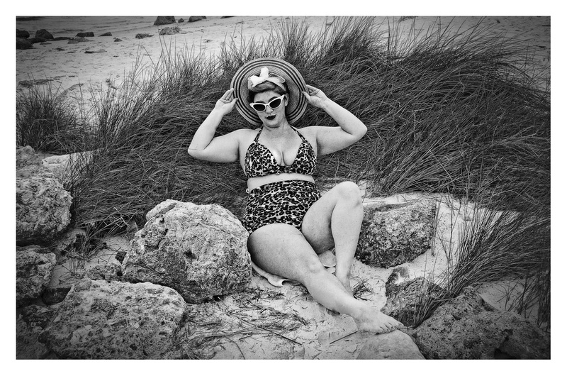 Female model photo shoot of Pinup Pam in Mashes Sands Beach, FL