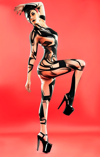 Female model photo shoot of Crissa Vallen by Derrick S Clegg, body painted by jon son bodypaints