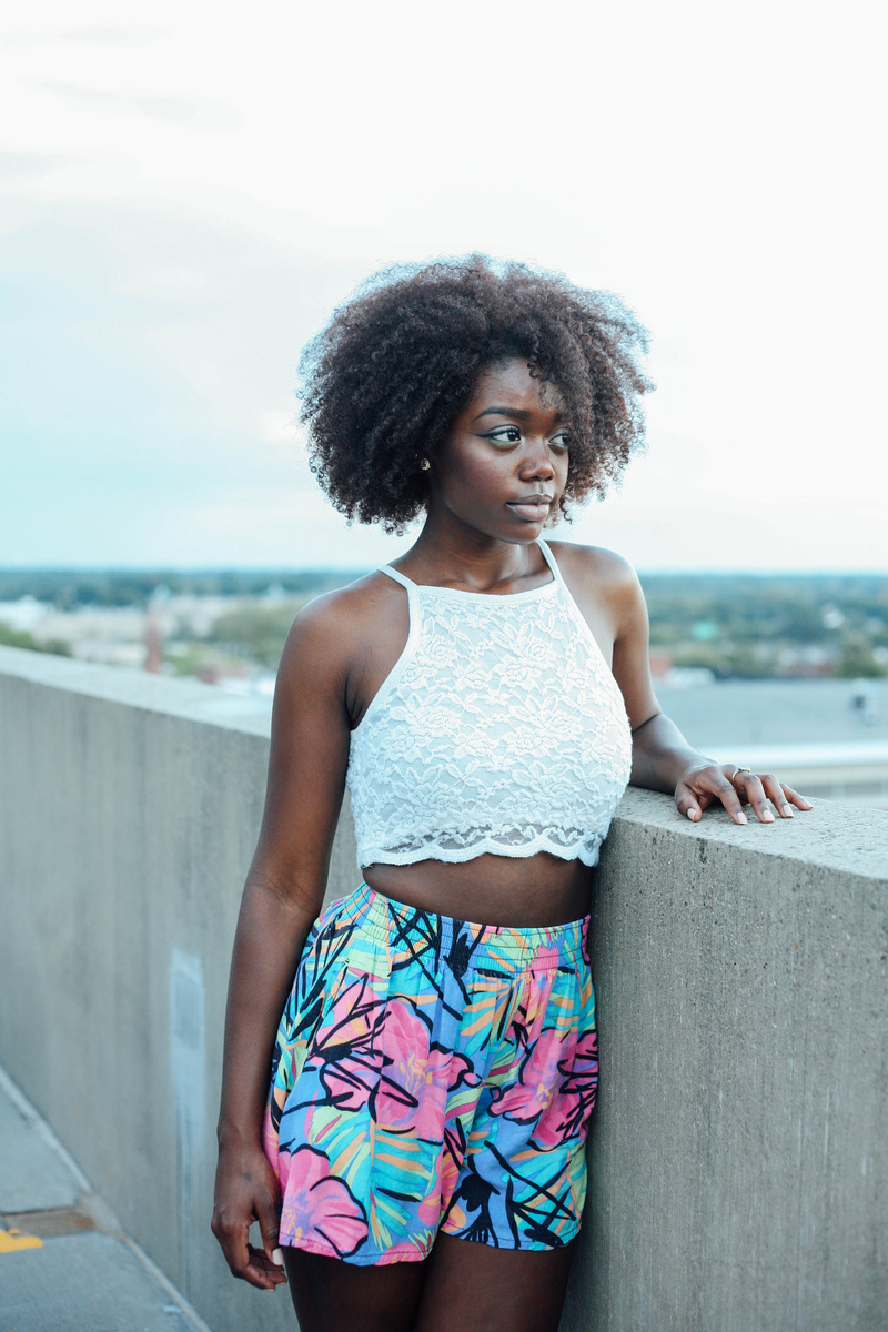 Female model photo shoot of LaMeisha in Rooftop of Siegal Center in Richmond