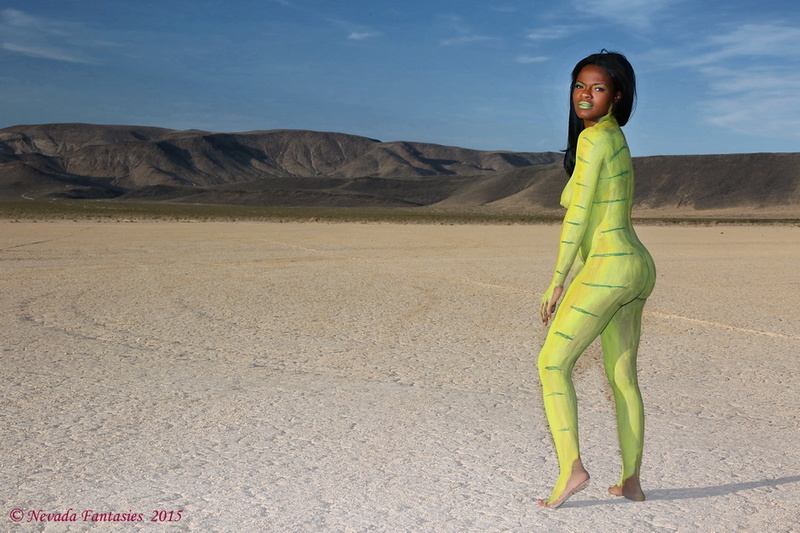 Female model photo shoot of Blyth Cali by Nevada Fantasies in Jean Dry Lake, body painted by TBMARTWORX